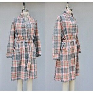 Vintage Unisex Checkered Plaid Robe Bed Jacket Layering Loungewear Duster S - M